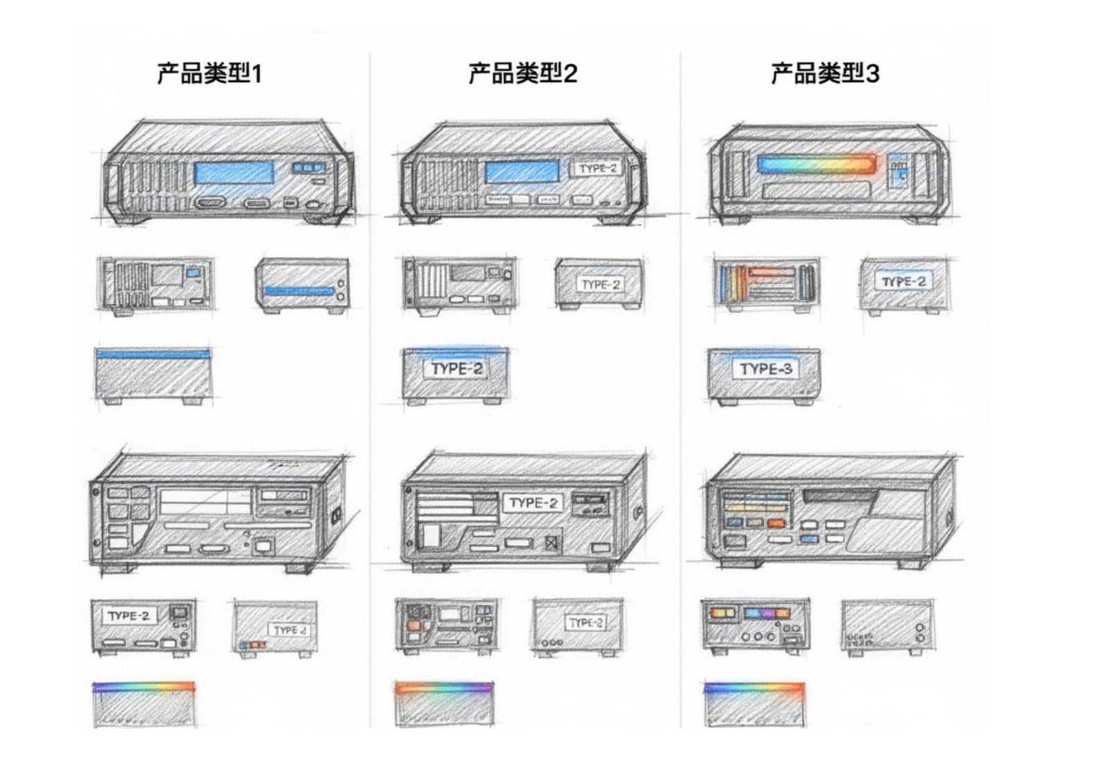 Colour and material validation sketches showing the same three product types with blue and spectrum-colour accent treatments tested against the chassis design