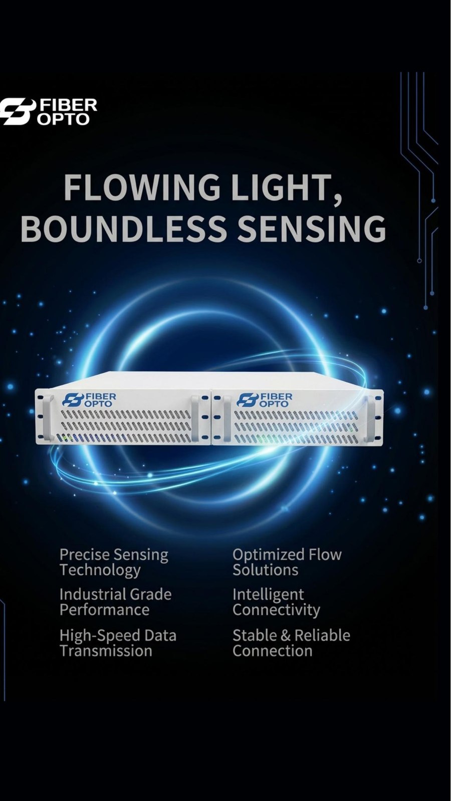Bilingual product marketing poster featuring a rack-mount interrogator unit with a flowing light visual motif and feature highlights