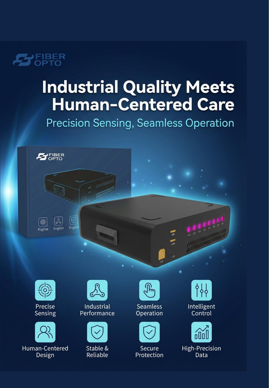 Bilingual product marketing poster featuring a compact standalone interrogator unit with packaging and feature icon grid