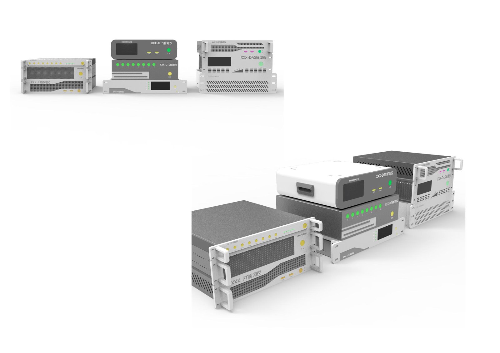 Rendered product family lineup showing multiple interrogator units in rack-mount and compact standalone form factors, sharing a consistent design language