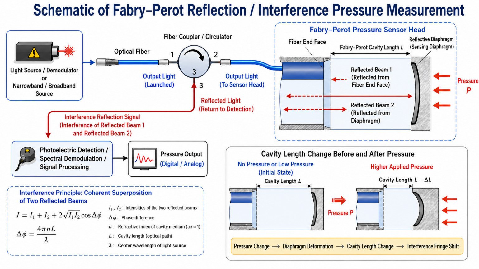 Diagram of the Fabry-Pérot cavity pressure probe operating principle, showing diaphragm deflection changing the cavity length